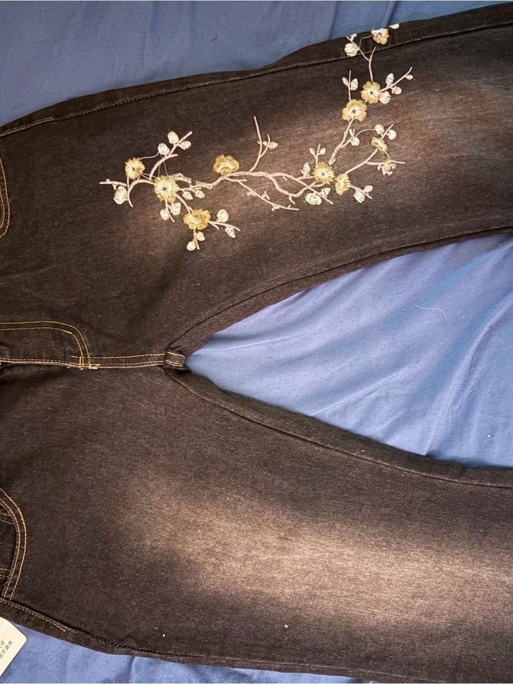 YesStyle Black Bootcut Jeans with Gold & White Floral Embroidery